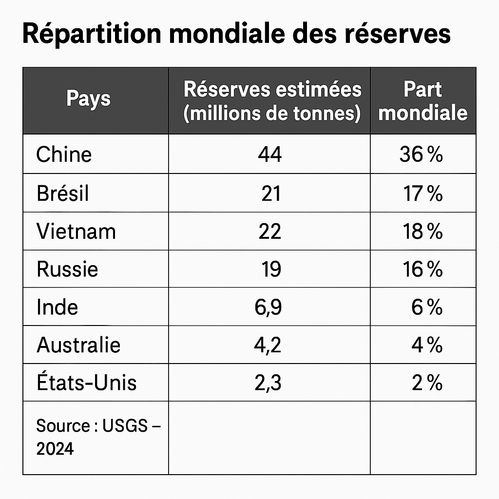 Répartition des volumes de terres rares par pays