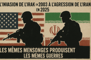 Infographie illustrant la similitude entre l'invasion de l'Irak en 2003 et l'agression de l'Iran en 2025